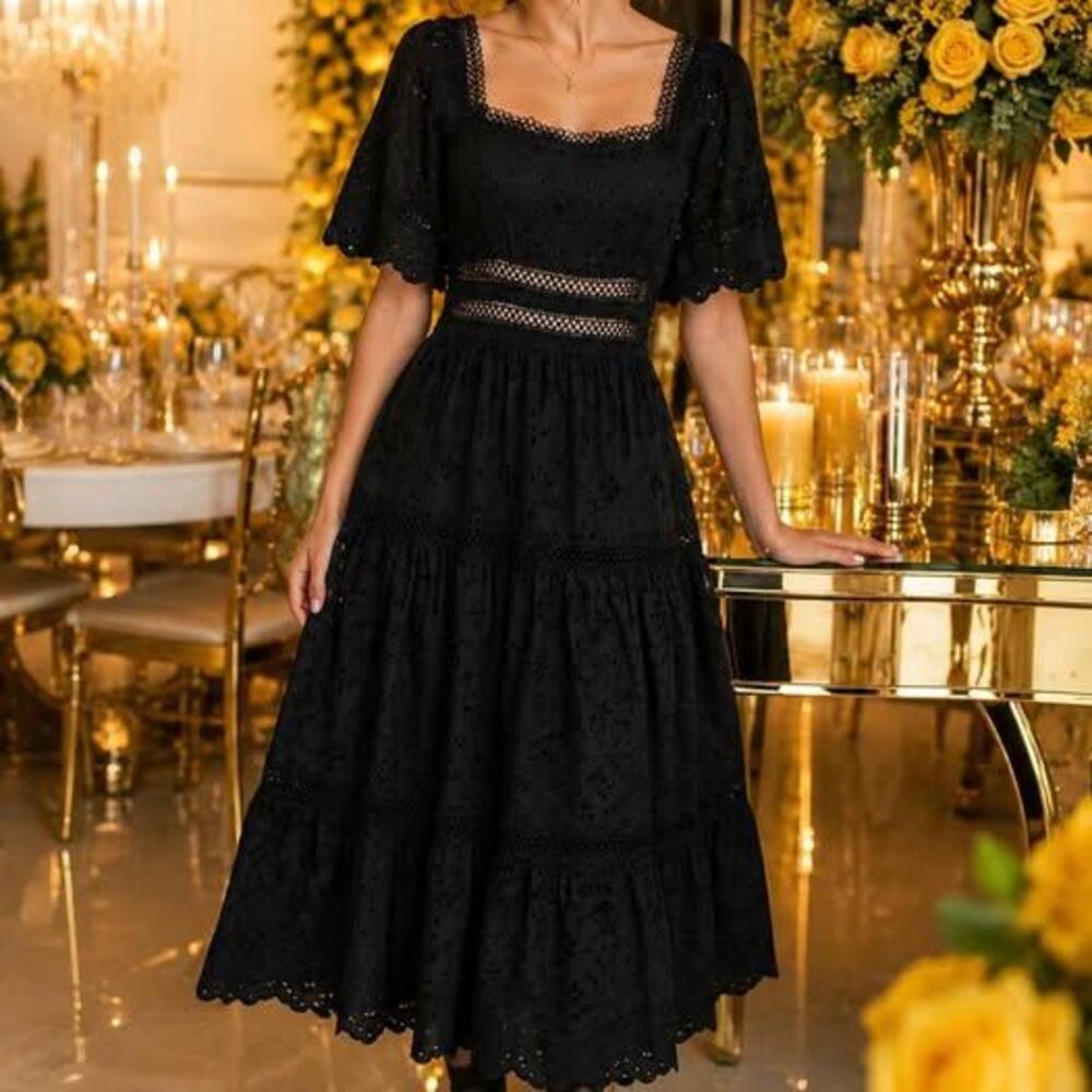 Maeve Women’s Small Black Cotton Eyelet Lace Midi Dress Boho Romantic